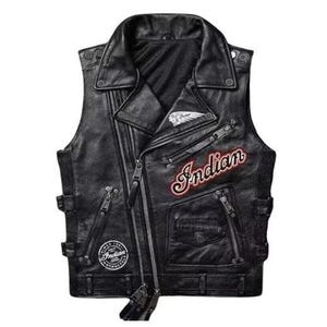 May include: Black leather motorcycle vest with a zip-up front, multiple pockets, and a notched collar. Features the word "Indian" in red script with a white outline, and a circular patch with the words "Indian Motorcycles" and a logo.