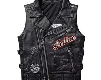 Men's Black Leather Café Racer Vest: Biker Club Patches