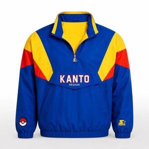 May include: A blue pullover jacket with a yellow and red color-blocked design, featuring a quarter-zip collar, elastic cuffs, and a hem. The front displays the text KANTO REGION, while the sleeves feature a Poké Ball icon and a Starter logo.