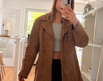 70s Suede Coat | Tan Double Breasted Leather Jacket, Women's Medium