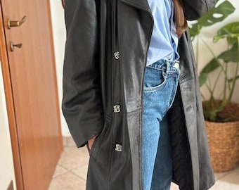Vintage Black Genuine Leather Trench Coat: Double Breasted Longline Outerwear