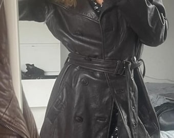 90s Dark Brown Leather Trench Coat: Vintage Double-Breasted Belted Jacket