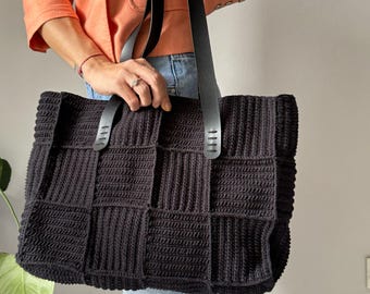 Borsa tote vintage da spiaggia all'uncinetto nera XL, motivo punto nonna, grande uncinetto