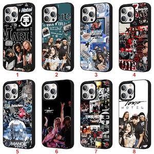 May include: Eight black phone cases featuring various Tokio Hotel band collages, photographs, and graphic designs. Each case displays a triple-lens camera cutout and distinct imagery including band members, concert scenes, and text logos.
