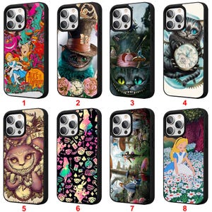 May include: A collection of eight phone cases featuring colorful illustrations inspired by Alice in Wonderland. Designs include the Cheshire Cat, Alice, and other iconic characters and scenes from the story.