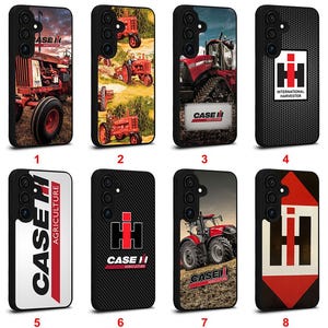 May include: A collection of eight phone cases featuring tractor designs. The cases showcase various red and black tractors, with some displaying the Case IH and International Harvester logos. The designs include images of tractors in fields and close-ups of the vehicles.