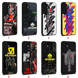 May include: A collection of eight black smartphone cases featuring various graphic designs, including logos like Arasaka and Militech, character illustrations, abstract patterns, and a skeletal rib cage print, all arranged in two rows of four.