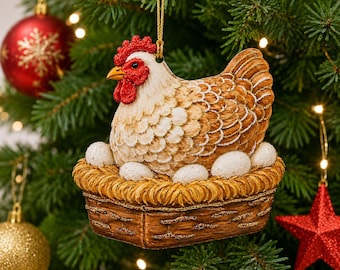 Huhn Nest Weihnachtsverzierung, personalisierte Henne Acryl 2D Verzierung, Bauernhaus Huhn Dekor, rustikale Bauernhof Tier Weihnachtsbaum Geschenk
