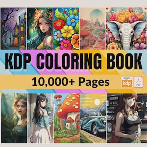 Puede incluir: Portada de libro para colorear KDP con varias ilustraciones de fantasía. La portada presenta imágenes de un hada, flores, un elefante, una casa de setas y un coche antiguo. El texto "KDP COLORING BOOK" y "10,000+ Páginas" se muestra de forma destacada.