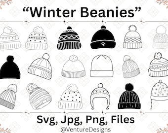 Winter Beanie SVG Bundle, Beanie Svg, Winter Hat Svg, Pom Pom Hat Svg, Cozy Hat Svg, Beanie Clipart, Christmas Beanie Silhouette, Winter Svg