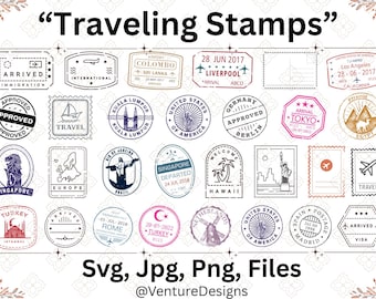 Retro Travel Stamps Clipart Bundle, Vintage Style (Digital Download)