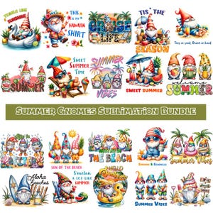 Puede incluir: Un conjunto de diseños de gnomos con temática veraniega. Las imágenes presentan gnomos en varios escenarios de playa y vacaciones, con textos como "Aloha Beeches", "Cruise Life" y "Summer Vibes". Adecuado para sublimación.