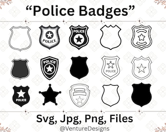 Paquete de insignias de policía SVG, insignias de policía, archivo cortado con láser, clipart de insignia de policía, insignia de seguridad SVG, oficial de policía SVG, silueta de insignia