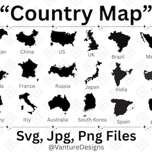 May include: A digital graphic featuring black silhouettes of various countries, including the US, UK, and Japan, against a white background. The text "Country Map" is at the top, with "Svg, Jpg, Png Files" at the bottom.