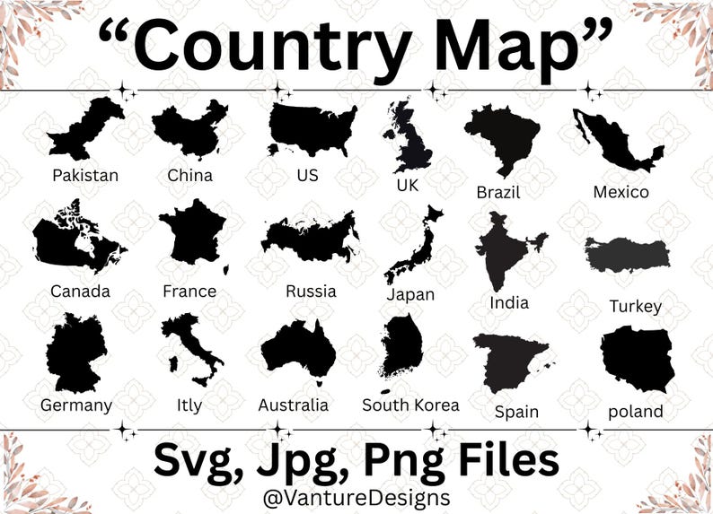 Country Map Svg Bundle, Countries Map Silhouettes, World Map Svg, Maps ...