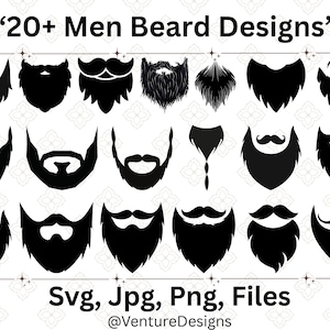 Könnte beinhalten: Eine Sammlung schwarzer Bartdesigns in verschiedenen Stilen, darunter Vollbärte, Ziegenbärte und Schnurrbärte. Das Bild enthält den Text "20+ Men Beard Designs" und Dateitypinformationen: Svg, Jpg, Png, Files.