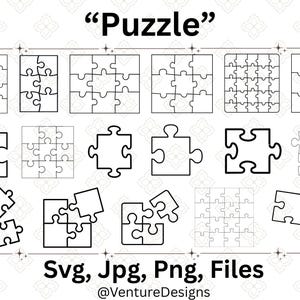 May include: A collection of black and white puzzle designs in various configurations. The word "Puzzle" is at the top, with "Svg, Jpg, Png, Files" and a designer's name at the bottom. The image features individual puzzle pieces and assembled puzzles.