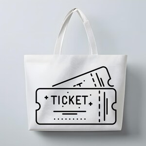 May include: White tote bag with a black graphic of two tickets. The word "TICKET" is printed on the front ticket. The bag has two white handles and is set against a light grey background.