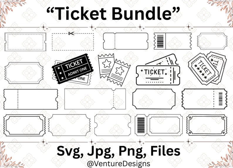 May include: A selection of black and white ticket designs, including rectangular and scalloped edge styles. Some tickets feature text like "Ticket" and "Admit One." The image also includes the text "Ticket Bundle" and file type information.