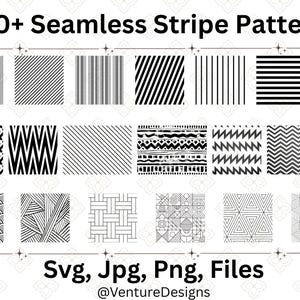 May include: A selection of 20+ seamless black and white stripe patterns. The designs include diagonal stripes, vertical lines, zigzags, and geometric shapes. The image also includes the text "Svg, Jpg, Png, Files @VentureDesigns".