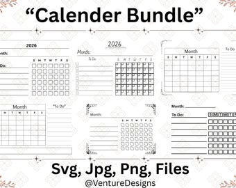 カレンダーSVGバンドル、2026年カレンダーSVG、カレンダーSVGデザイン、月間プランナークリップアート、カレンダーSVG Cricutファイル、商用利用