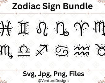 Paquete de SVG de signos del zodiaco, PNG de signos astrológicos, SVG de horóscopo, archivos de corte de constelaciones estelares, imágenes prediseñadas celestiales, SVG de símbolos del zodiaco