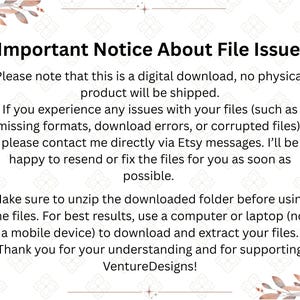May include: A digital download notice with text about file issues. The text explains that the product is a digital download, and provides instructions for resolving file issues. Decorative floral elements frame the text.