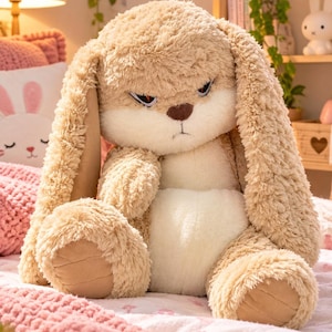 Angry Bunny Plush, Grumpy Rabbit Stuffed Animal with Long Floppy Ears, Funny Kawaii Gift
