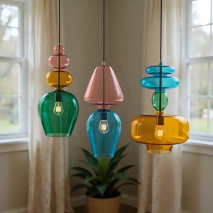 Hand Blown Glass Pendant Light Set of 3: Modern Kitchen Island Lighting
