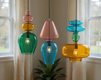 Juego de 3 luces colgantes de vidrio soplado a mano para sala de estar / Iluminación colgante moderna para luces de cocina Lámpara de techo de vidrio hecha a mano