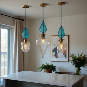 Teal Blue Blown Glass Pendant Light Set: Modern Kitchen Island Lighting