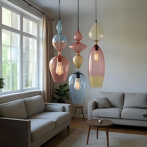 Hand Blown Glass Pendant Lights Set of 3: Art Deco Chandelier