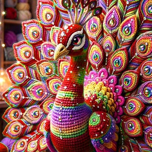 May include: A multi-colored crocheted peacock figurine featuring a vibrant, fanned tail with intricate stitch patterns, embedded with clear faceted crystals. The bird has a rainbow-hued body, a detailed head with large eyes, and stands on two legs.