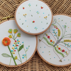 Botanical Embroidery Wall Art Set – Hand-Stitched Trio Featuring Butterfly, Florals & Wildflowers – Original Textile Artwork in Wooden Hoops