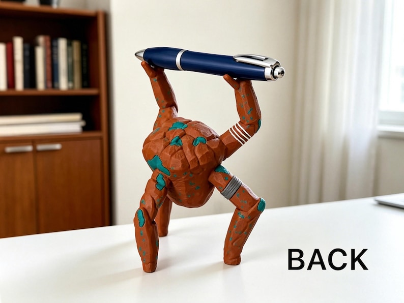 May include: A brown, rock-textured creature figurine with teal accents standing on three legs. The figure is balancing a dark blue ballpoint pen with a silver clip and tip horizontally above its head. The word BACK is printed in black.