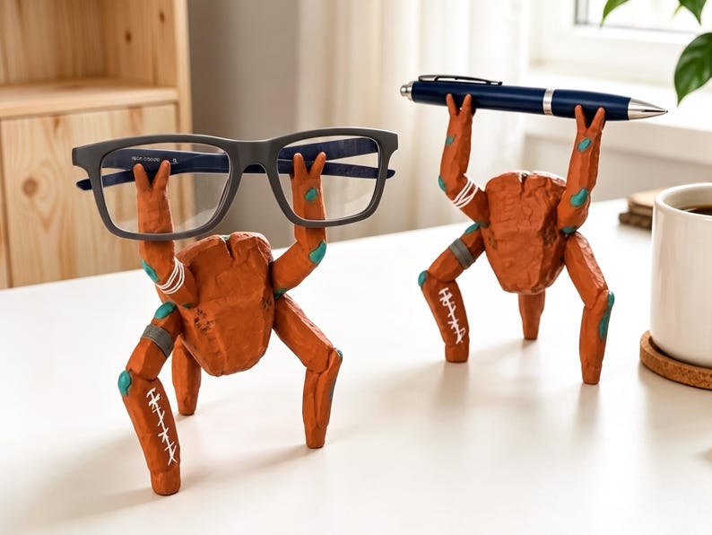 May include: Two orange, textured, multi-legged creature figurines acting as desk organizers. One figure holds a pair of dark gray eyeglasses, while the other holds a dark blue ballpoint pen. Both figures feature white stitched patterns and teal accents.