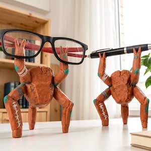 May include: Two terracotta-colored, multi-legged creature figurines with textured surfaces, white painted markings, and teal accents. One figurine holds a pair of black-framed eyeglasses, while the other holds a black and silver ballpoint pen.