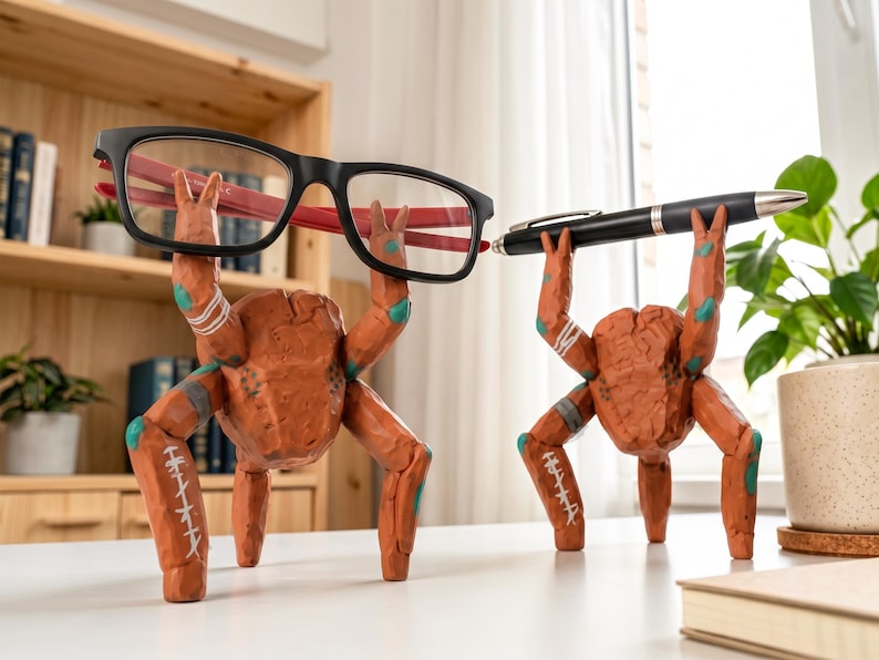 May include: Two terracotta-colored, multi-legged creature figurines with textured surfaces, white painted markings, and teal accents. One figurine holds a pair of black-framed eyeglasses, while the other holds a black and silver ballpoint pen.