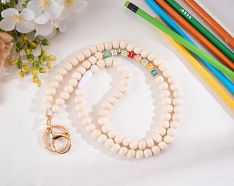 Personalized Boho Teacher Lanyard, Personalized Lanyard, Glass Seed Beads, Badge Holder, Teacher Gift, Wood Beads and Gold Lanyard, ID Badge