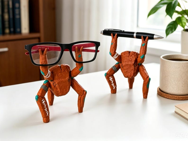 May include: Two orange, textured, creature-shaped desk organizers with multiple limbs. One figure holds black-framed eyeglasses with red inner temples, while the other figure holds a black ballpoint pen horizontally above its head.