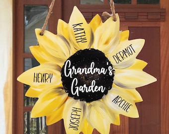 Custom Grandma Gifts, Grandma's Garden Sunflower Wood Sign, Grandkids Name Wood Wall Art Sign,Nana,Gift for Mom, gifts for gardeners women