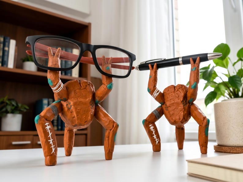 May include: Two orange, textured, multi-legged creature figurines standing on a white surface. The left figurine holds a pair of black-framed eyeglasses with red inner temples, while the right figurine balances a black and silver ballpoint pen.