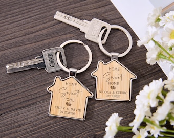Personalized New Home Keychain, House Shaped Wooden Keyrings, Our First Home, His and Her Keyrings, Gifts for Husband, Gifts for Couples