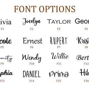 Puede incluir: Imagen que muestra 16 opciones de fuentes de texto. Cada fuente se muestra con un nombre de muestra, como "Olivia" o "George", y una etiqueta correspondiente, como "F1" o "F4". El texto "FONT OPTIONS" est&aacute; en la parte superior.