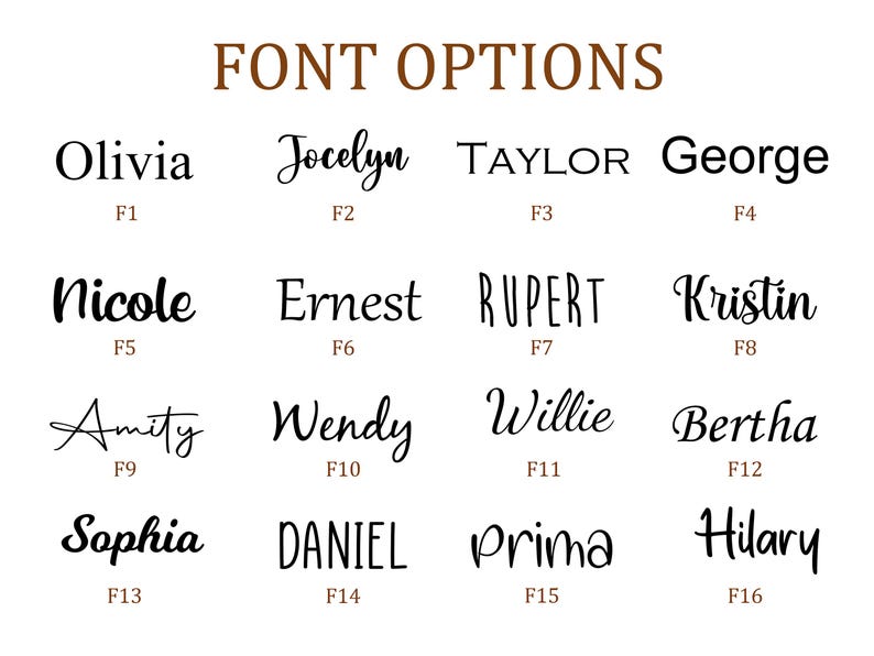 Puede incluir: Imagen que muestra 16 opciones de fuentes de texto. Cada fuente se muestra con un nombre de muestra, como "Olivia" o "George", y una etiqueta correspondiente, como "F1" o "F4". El texto "FONT OPTIONS" est&aacute; en la parte superior.
