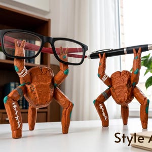 May include: Two orange, textured, multi-legged creature figurines acting as holders. One holds black-framed glasses with red inner temples, and the other holds a black ballpoint pen. Each figure features white stitched-like markings and teal accents. Style A.