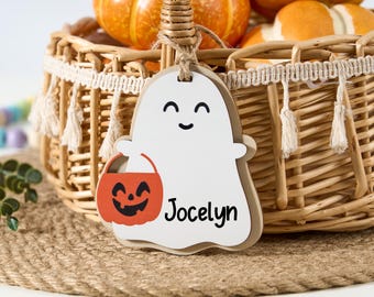 Personalized Ghost Halloween Basket Tag, Boo Basket Name Tag for Kids, Halloween Ornament, Halloween Basket Decor, Cute Ghost Name Tag