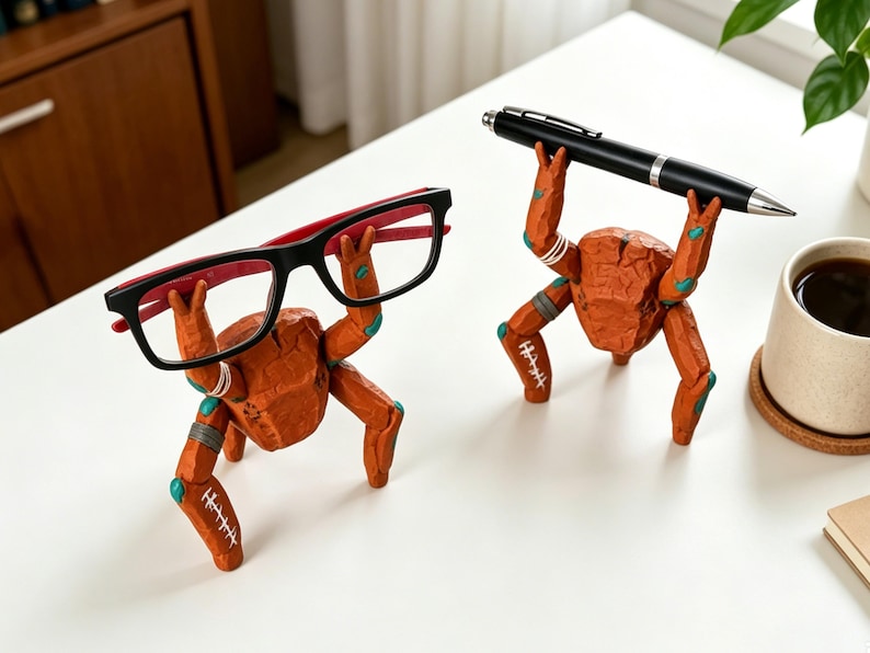 May include: Two orange, textured, crab-shaped desk organizers with articulated limbs. One crab holds a pair of black and red eyeglasses, while the other crab holds a black ballpoint pen. Both figures feature white stitched details on their legs.