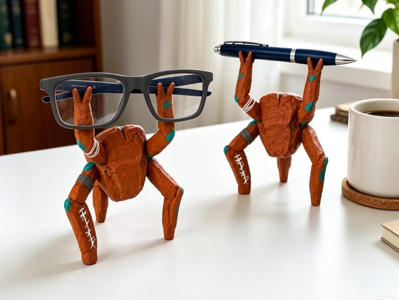 May include: Two orange, textured, multi-legged creature figurines acting as holders. One figurine supports a pair of dark gray eyeglasses, while the other holds a dark blue ballpoint pen. Both figures feature teal accents and white stitched details.