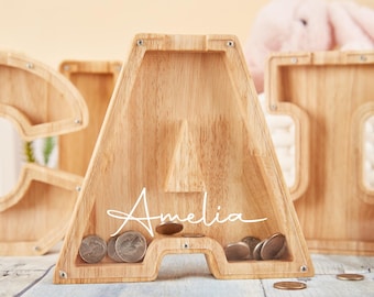 Personalized Large Wooden Kids Letter Piggy Bank, Wood Gift For Kids, Custom Name Coin Bank, Wood Alphabet Letter Bank Money Box Birthday